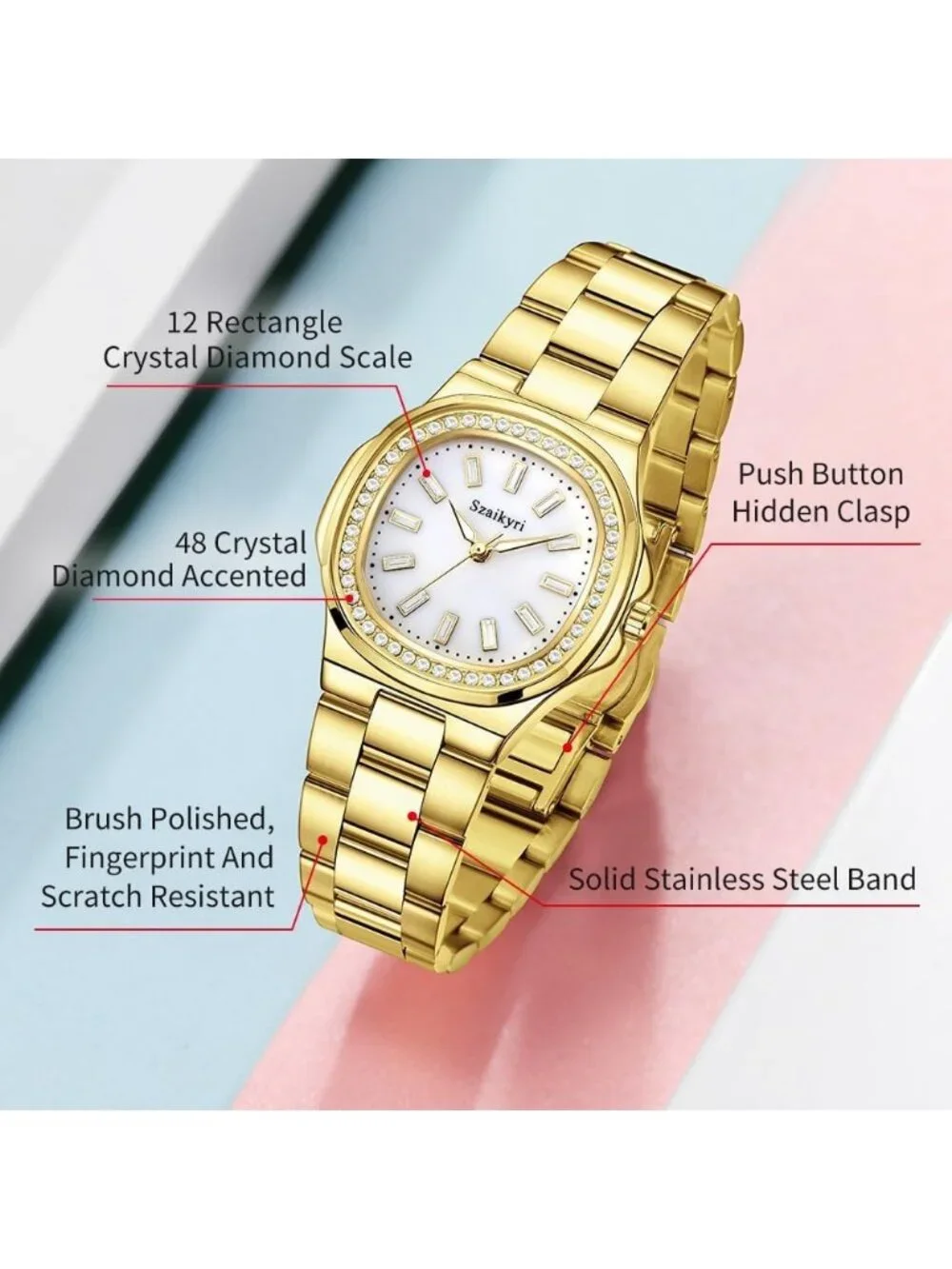 Women's Gold White Crystal Accented Solid Stainless Steel Band Dress Wrist Watch